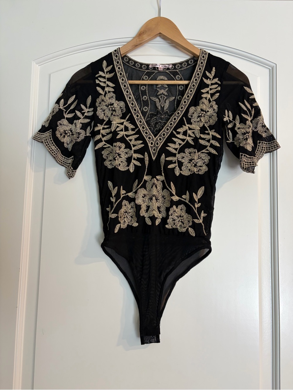 Bailey Rose Women's Coquette Embroidered Black Lace Bodysuit XS